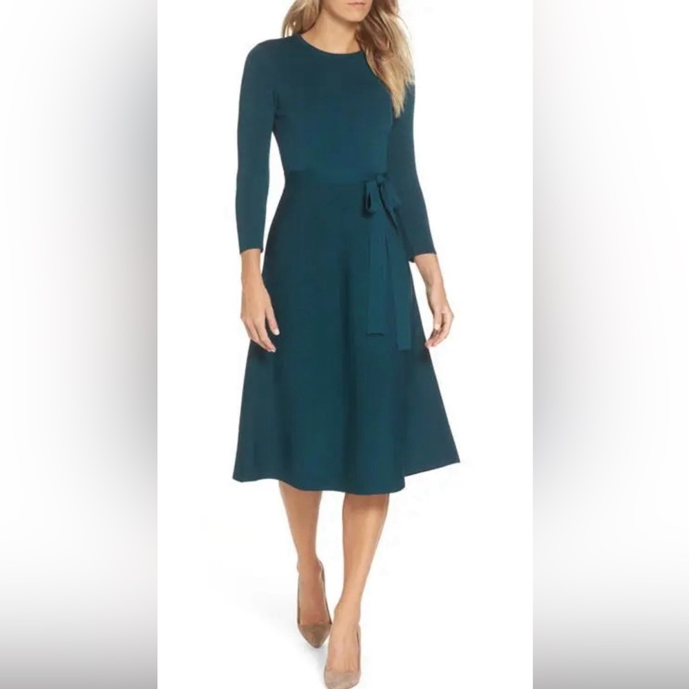 NWOT Eliza J Fit and Flare Dark Teal Holiday NYE Sweater Dress 3/4 Sleeves Small